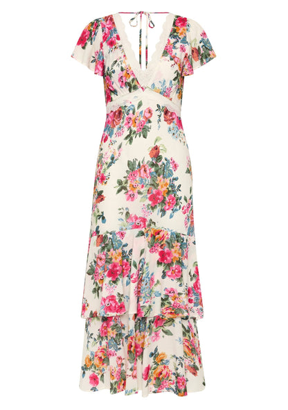 The Allison Midi Dress by Auguste the label in our vintage-inspired Iris floral has you ready for any event. It features a flattering V-neckline with a lace insert and subtle cut-out details at the center front and under bust, feminine short flutter sleeves, and a bias-cut silhouette that gracefully drapes to the shape of your body.