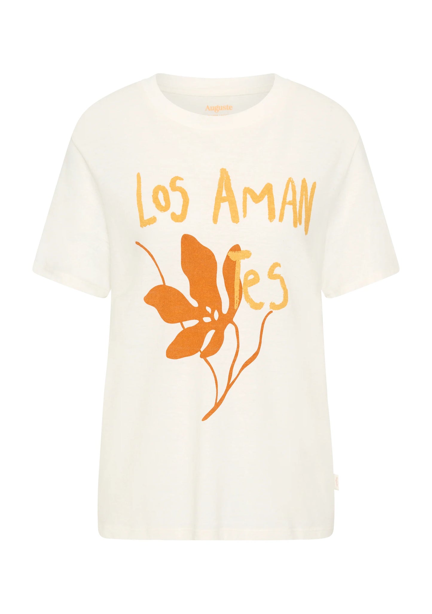 The Spanish Lovers Classic Tee in white is crafted from a sustainable hemp and cotton blend, featuring a crew neckline and a vibrant placement print on the front, designed by our talented team.