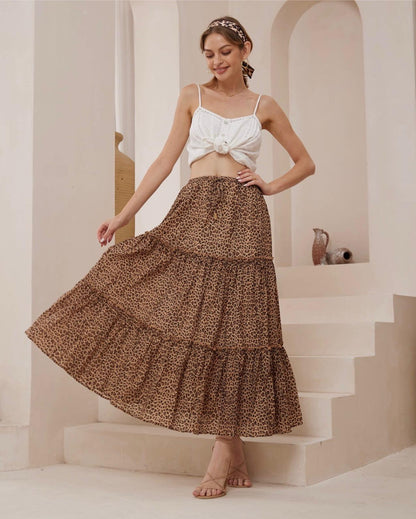 Katie Maxi Skirt - A leopard maxi with an elastic waistband, drawstring, tiered skirt and fully lined.

True to Size.
