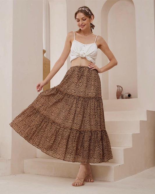 Katie Maxi Skirt - A leopard maxi with an elastic waistband, drawstring, tiered skirt and fully lined.

True to Size.