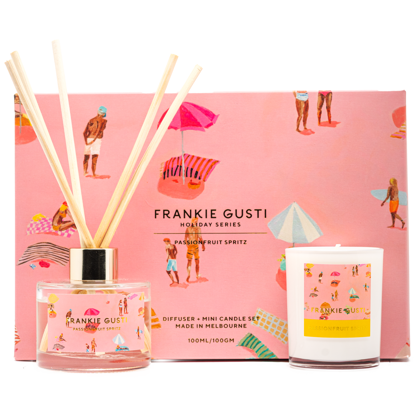 Sip up the sunshine with the Holiday Series Duo in Passionfruit Spritz by Frankie Gusti x Janey Forbes. Bursting with tropical passionfruit, sweet guava, and a splash of grapefruit fizz, this scent is pure summer joy — bright, juicy, and oh-so-refreshing.