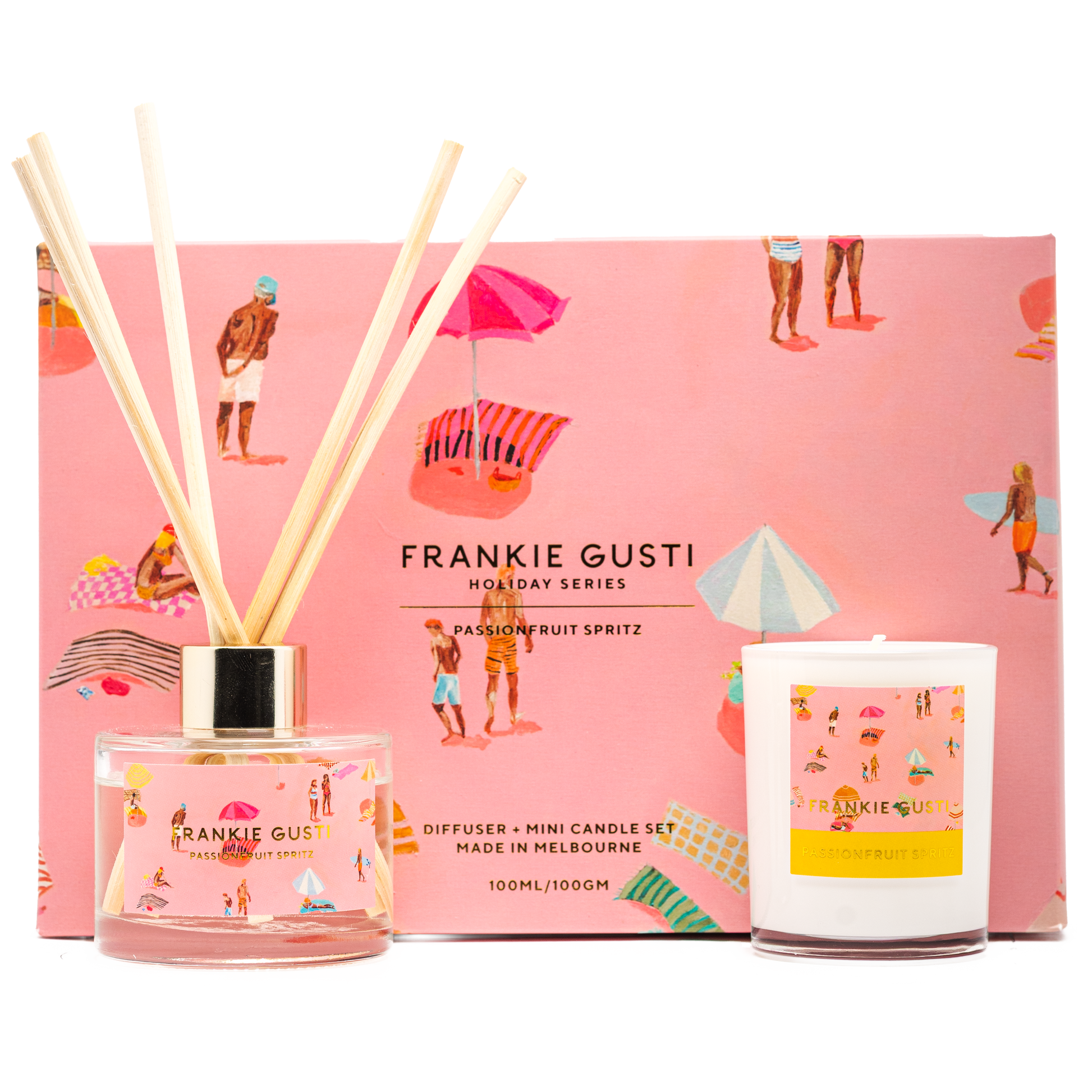 Sip up the sunshine with the Holiday Series Duo in Passionfruit Spritz by Frankie Gusti x Janey Forbes. Bursting with tropical passionfruit, sweet guava, and a splash of grapefruit fizz, this scent is pure summer joy — bright, juicy, and oh-so-refreshing.