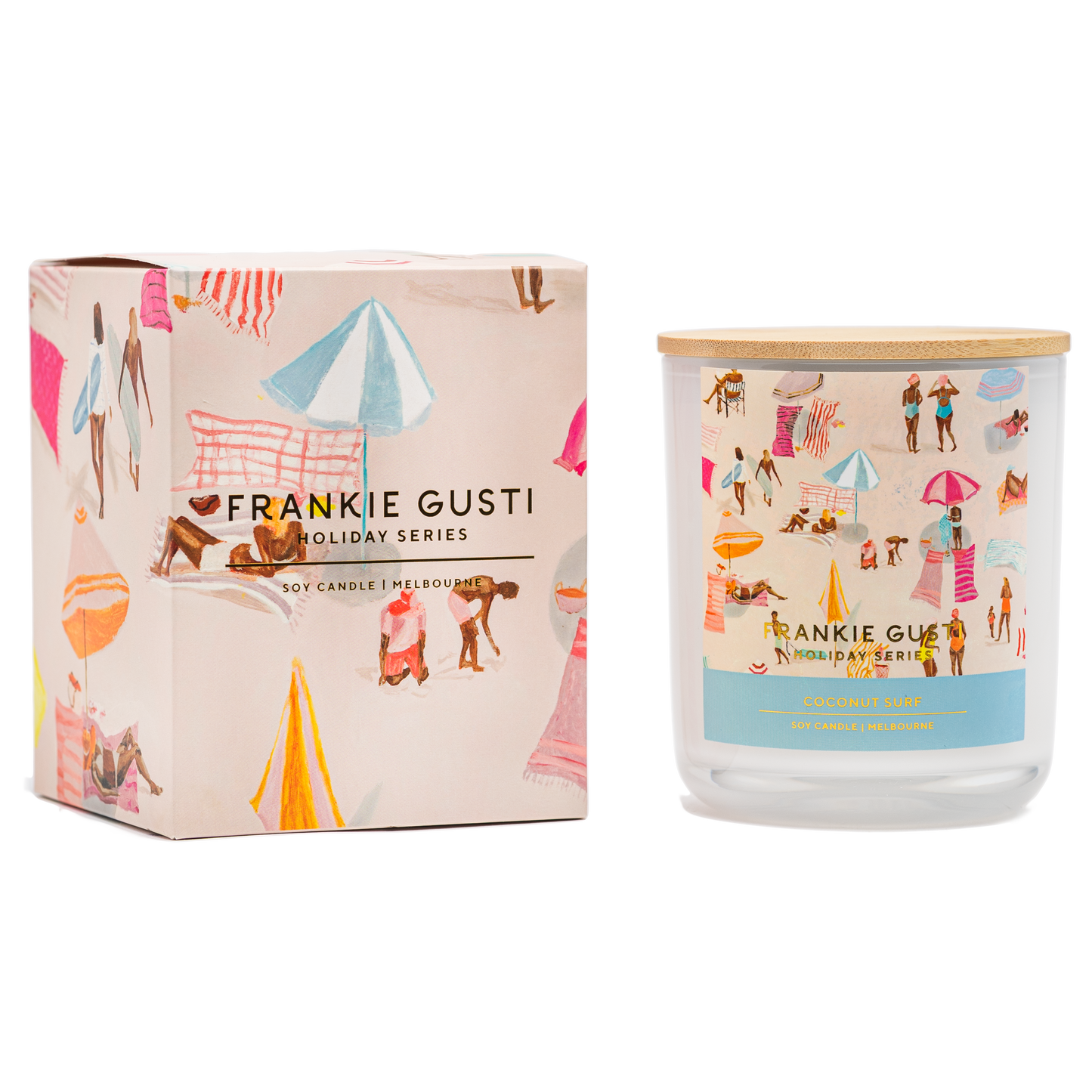 Soak up the scent of summer with the Holiday Series Candle in Coconut Surf by Frankie Gusti x Janey Forbes. This coastal-inspired fragrance blends creamy coconut and smooth vanilla with hints of sea salt breeze, capturing the essence of lazy beach days and sun-kissed afternoons by the water.