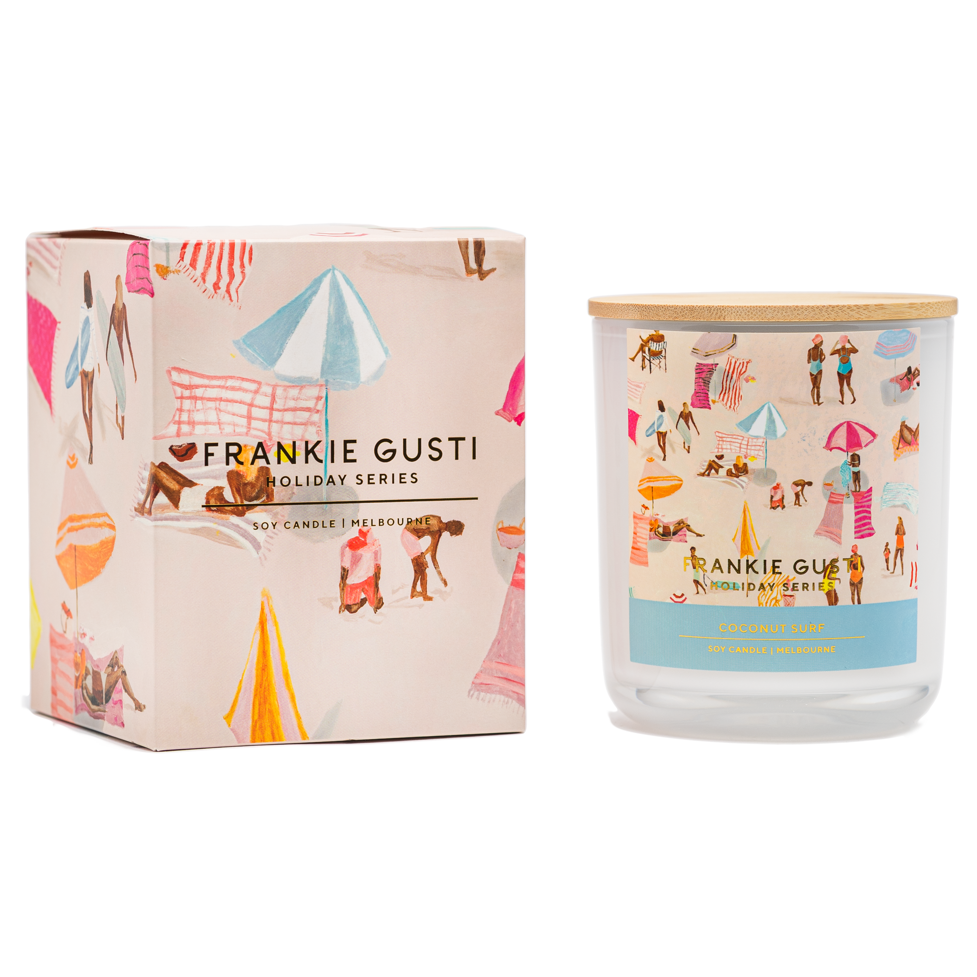 Soak up the scent of summer with the Holiday Series Candle in Coconut Surf by Frankie Gusti x Janey Forbes. This coastal-inspired fragrance blends creamy coconut and smooth vanilla with hints of sea salt breeze, capturing the essence of lazy beach days and sun-kissed afternoons by the water.