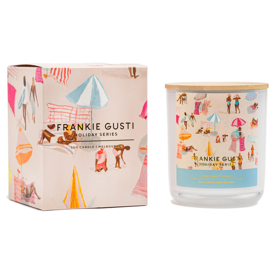 Soak up the scent of summer with the Holiday Series Candle in Coconut Surf by Frankie Gusti x Janey Forbes. This coastal-inspired fragrance blends creamy coconut and smooth vanilla with hints of sea salt breeze, capturing the essence of lazy beach days and sun-kissed afternoons by the water.