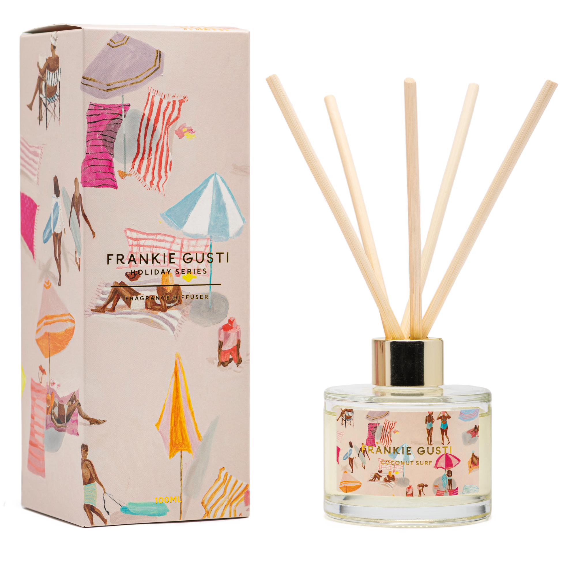 Ride the wave of endless summer with the Holiday Series Diffuser in Coconut Surf by Frankie Gusti x Janey Forbes. A smooth, sun-soaked blend of creamy coconut, warm vanilla, and a hint of sea salt breeze, this scent captures the feeling of lazy afternoons by the beach and golden coastal sunsets.