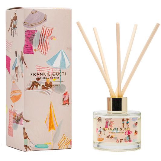 Ride the wave of endless summer with the Holiday Series Diffuser in Coconut Surf by Frankie Gusti x Janey Forbes. A smooth, sun-soaked blend of creamy coconut, warm vanilla, and a hint of sea salt breeze, this scent captures the feeling of lazy afternoons by the beach and golden coastal sunsets.