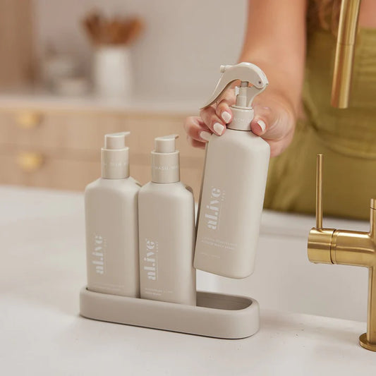 Introducing our Premium Kitchen Trio - the ultimate solution for your kitchen cleaning needs. This set includes our Dishwashing Liquid, Bench Spray, and Hand Wash, all conveniently nestled within a beautifully designed custom tray.