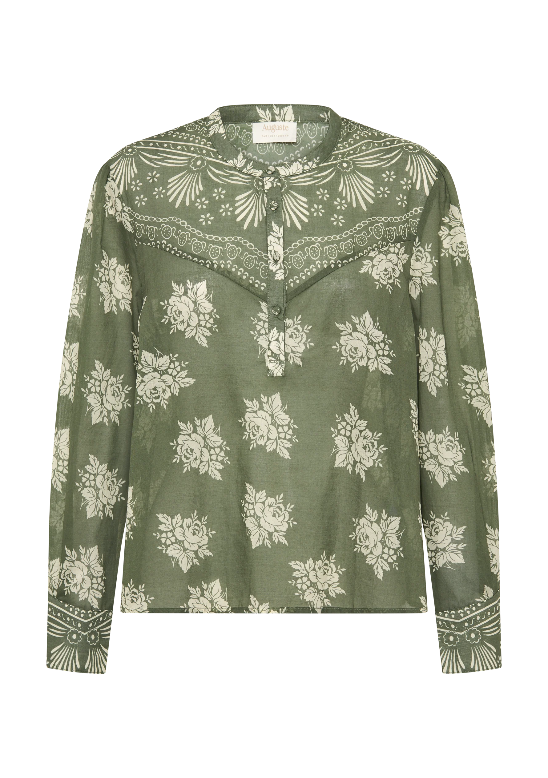 The Elsa Blouse is crafted from subtly sheer cotton in our green Mabel floral. This style offers a Henley neckline with a half-button front closure, long sleeves with a traditional shirting cuff and shaped western yoke detailing.