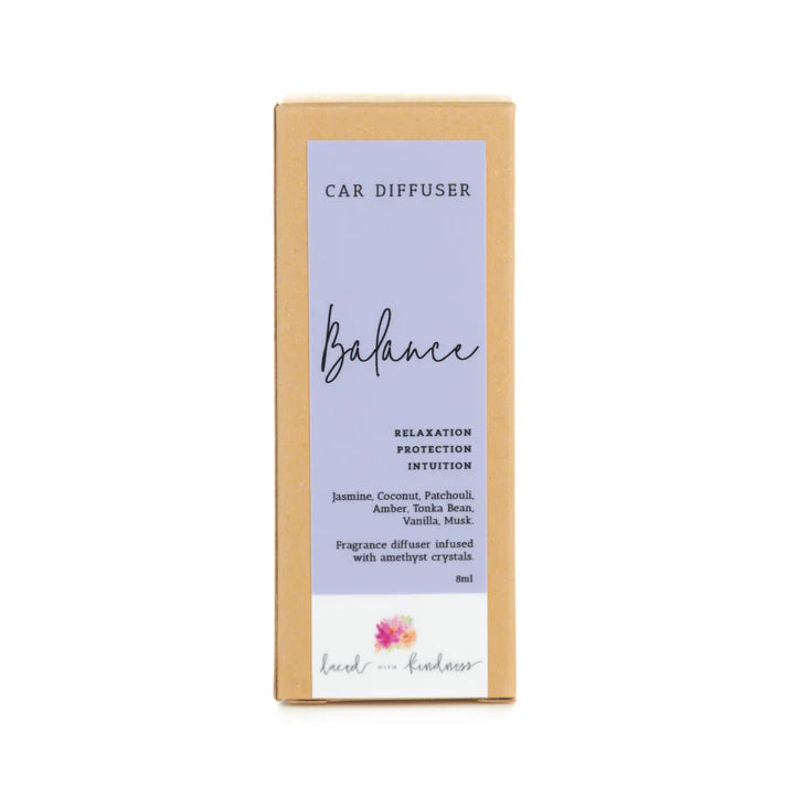 Enjoy&nbsp;your favourite Laced with Kindness candle scents on the go.&nbsp;Freshen up your car, caravan, wardrobe, or favourite space with our&nbsp;car diffuser collection&nbsp;that contains a few of our best selling blends.&nbsp;

Feel fresh, healed, and relaxed on the road wherever you go.&nbsp;

Available in&nbsp;Balance,&nbsp;Healing,&nbsp;Love, and&nbsp;Protection.&nbsp;Each is infused with crystals for extra healing properties.&nbsp;

Size:&nbsp;4.5cm x 2cm x 2cm