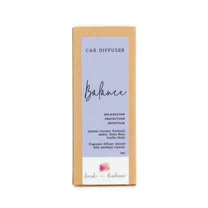 Enjoy&nbsp;your favourite Laced with Kindness candle scents on the go.&nbsp;Freshen up your car, caravan, wardrobe, or favourite space with our&nbsp;car diffuser collection&nbsp;that contains a few of our best selling blends.&nbsp;

Feel fresh, healed, and relaxed on the road wherever you go.&nbsp;

Available in&nbsp;Balance,&nbsp;Healing,&nbsp;Love, and&nbsp;Protection.&nbsp;Each is infused with crystals for extra healing properties.&nbsp;

Size:&nbsp;4.5cm x 2cm x 2cm