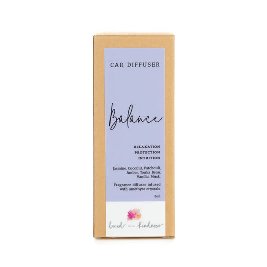 Enjoy&nbsp;your favourite Laced with Kindness candle scents on the go.&nbsp;Freshen up your car, caravan, wardrobe, or favourite space with our&nbsp;car diffuser collection&nbsp;that contains a few of our best selling blends.&nbsp;

Feel fresh, healed, and relaxed on the road wherever you go.&nbsp;

Available in&nbsp;Balance,&nbsp;Healing,&nbsp;Love, and&nbsp;Protection.&nbsp;Each is infused with crystals for extra healing properties.&nbsp;

Size:&nbsp;4.5cm x 2cm x 2cm