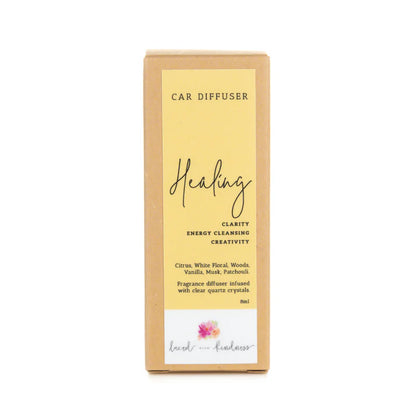 Enjoy&nbsp;your favourite Laced with Kindness candle scents on the go.&nbsp;Freshen up your car, caravan, wardrobe, or favourite space with our&nbsp;car diffuser collection&nbsp;that contains a few of our best selling blends.&nbsp;

Feel fresh, healed, and relaxed on the road wherever you go.&nbsp;

Available in&nbsp;Balance,&nbsp;Healing,&nbsp;Love, and&nbsp;Protection.&nbsp;Each is infused with crystals for extra healing properties.&nbsp;

Size:&nbsp;4.5cm x 2cm x 2cm
