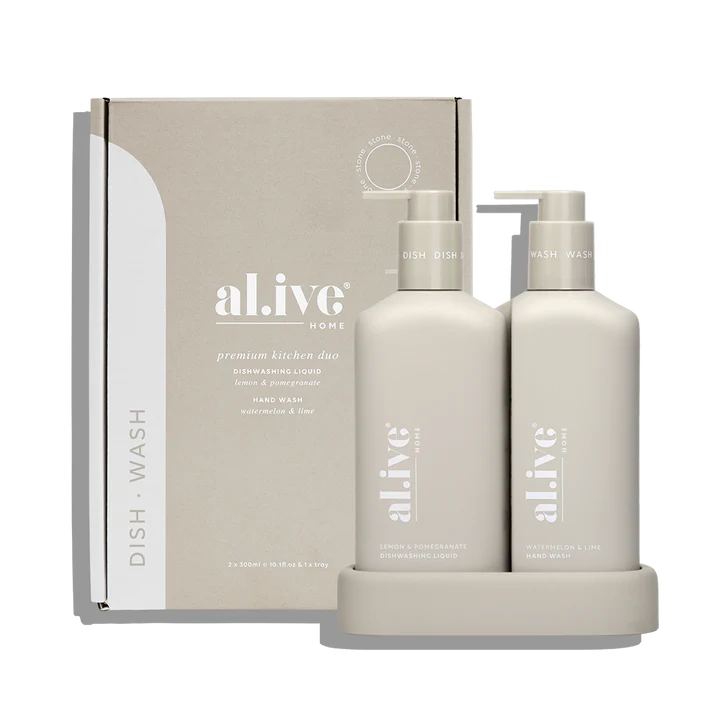 The al.ive body Hand Wash &amp; Dishwashing Liquid Premium Kitchen Duo is a beautiful yet practical product, elegantly packaged to elevate your countertop.

This Duo includes a 300ml Lemon &amp; Pomegranate Dishwashing Liquid, a 300ml Watermelon &amp; Lime Hand Wash and a matching custom tray.

This hardworking Dishwashing Liquid uses naturally-derived ingredients to dissolve even the toughest residues, whilst being gentle on skin. 1-2 pumps is all that is needed to clean a sink full of dishes, the premium 