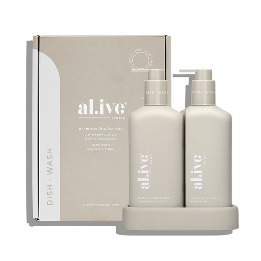 The al.ive body Hand Wash &amp; Dishwashing Liquid Premium Kitchen Duo is a beautiful yet practical product, elegantly packaged to elevate your countertop.

This Duo includes a 300ml Lemon &amp; Pomegranate Dishwashing Liquid, a 300ml Watermelon &amp; Lime Hand Wash and a matching custom tray.

This hardworking Dishwashing Liquid uses naturally-derived ingredients to dissolve even the toughest residues, whilst being gentle on skin. 1-2 pumps is all that is needed to clean a sink full of dishes, the premium 