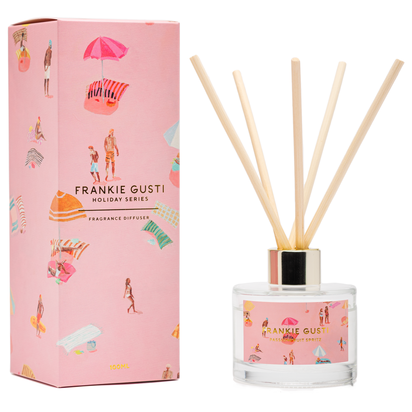 Transport yourself to sun-drenched summer days with the Holiday Series Diffuser in Passionfruit Spritz by Frankie Gusti x Janey Forbes. This tropical fragrance captures the essence of a coastal getaway — bursting with juicy passionfruit and zesty citrus, balanced by sweet notes of peach nectar and vanilla sugar.