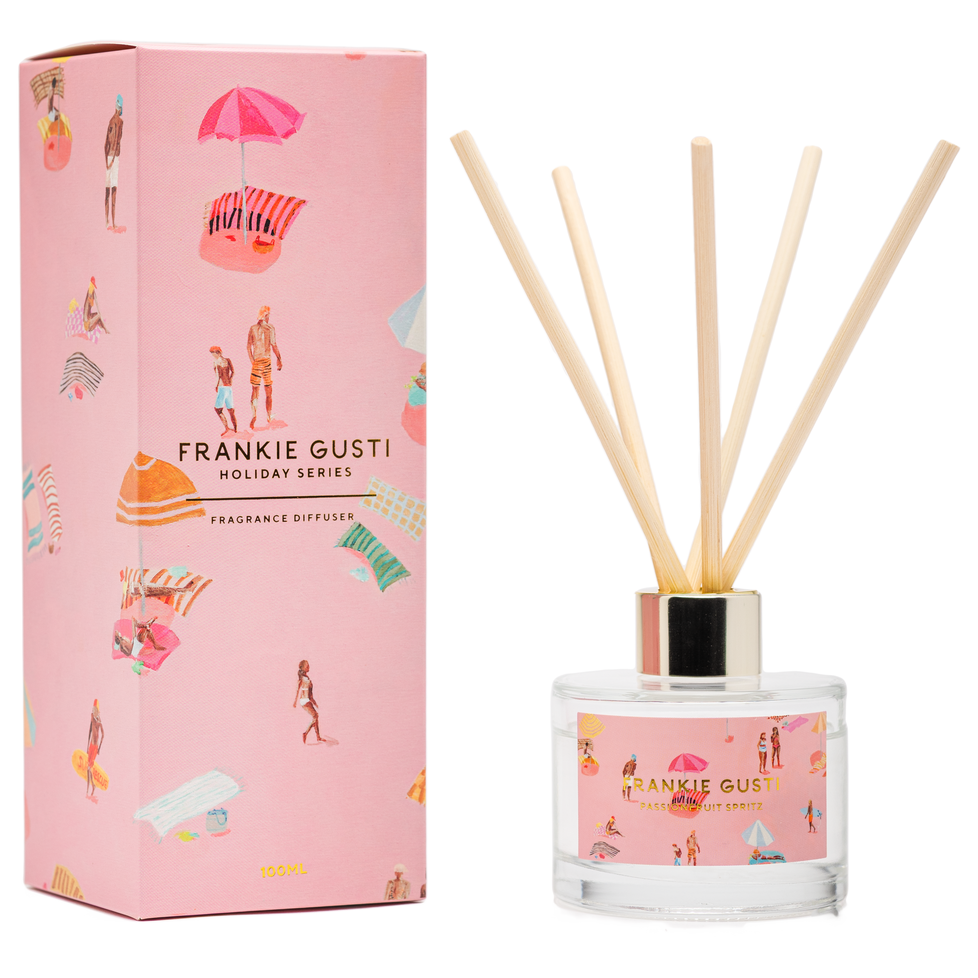 Transport yourself to sun-drenched summer days with the Holiday Series Diffuser in Passionfruit Spritz by Frankie Gusti x Janey Forbes. This tropical fragrance captures the essence of a coastal getaway — bursting with juicy passionfruit and zesty citrus, balanced by sweet notes of peach nectar and vanilla sugar.