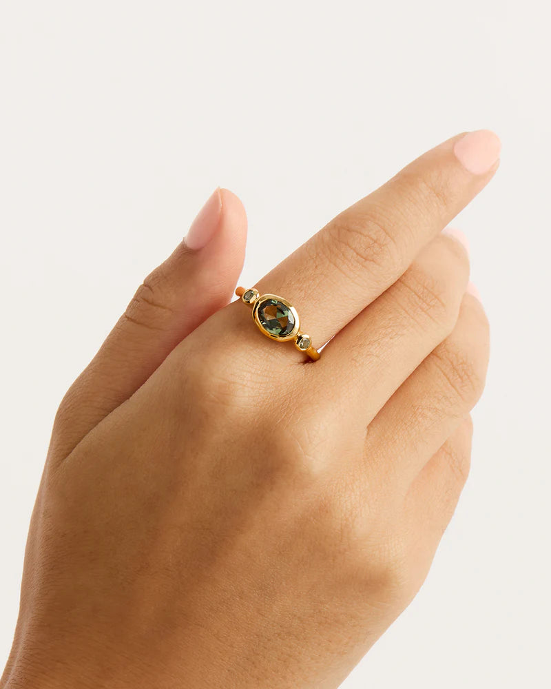 Bring harmony to your soul in the statement&nbsp;18k Gold Vermeil Radiant Soul Ring - Tourmaline. This radiant ring features a synthetic green tourmaline, calling upon the power of its natural counterpart to bring balance and stability. Set with a trio of synthetic tourmaline stones, this gemstone ring is the perfect bold addition to your ring stack.