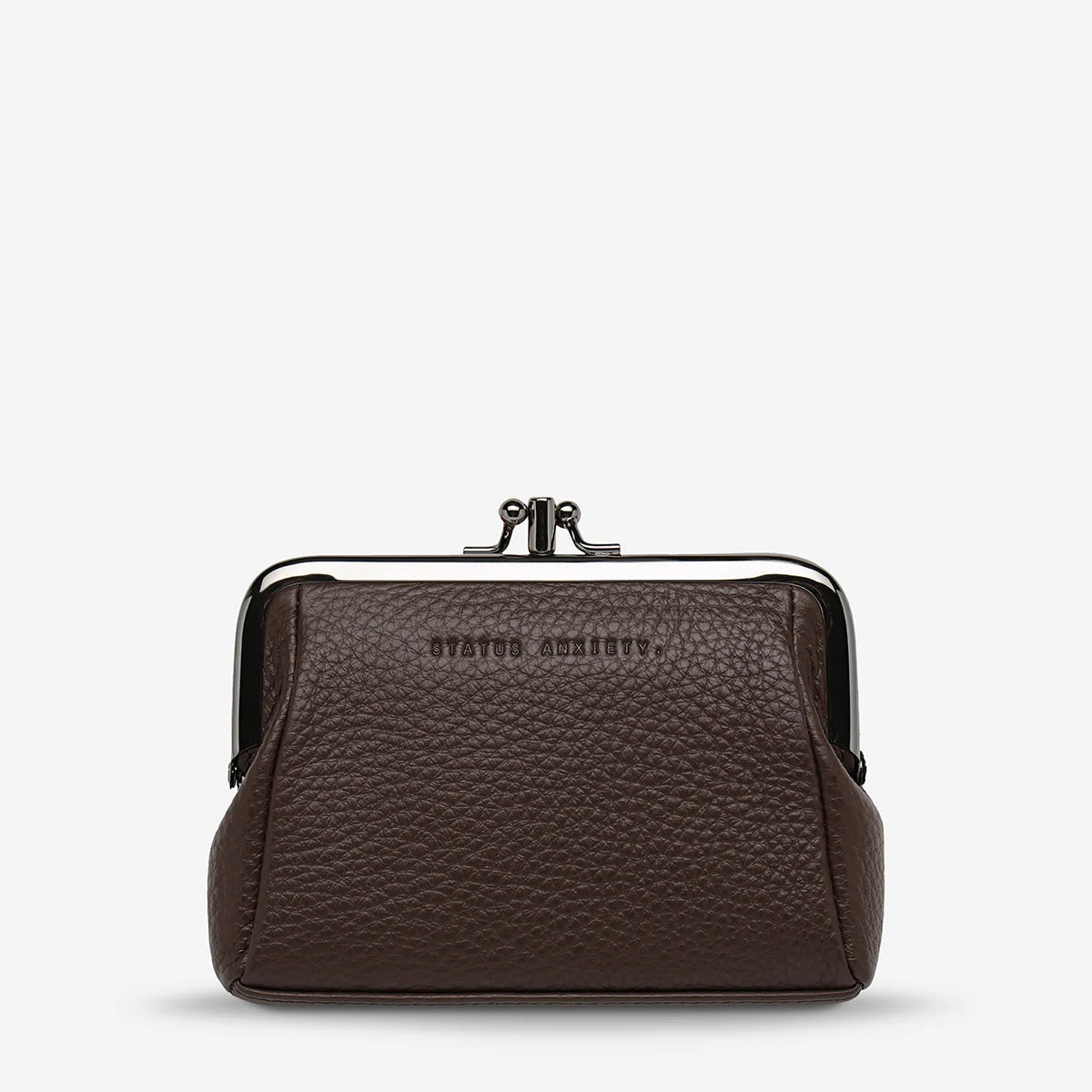 It was only a matter of time, wasn't it? Made for frivolous outings, the Volatile clasp frame purse is the new throw and go purse. Perfect for carrying cards, cash, lip gloss and the like.

Soft shrunken pebble leather
Custom Status Anxiety lining
Frame clasp close
Gunmetal hardware
Blind embossed logo
Comes in a Status Anxiety branded drawstring bag