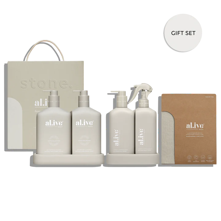 This gift set includes three incredible products: the Sea Cotton &amp; Coconut Wash &amp; Lotion Duo, Bench Spray &amp; Dishwashing Liquid Kitchen Duo, and the Biodegradable Dish Cloth Pack of 2.

Our hardworking Dishwashing Liquid and Bench Spray Duo uses naturally derived ingredients to dissolve even the toughest residues while being gentle on the skin. Featuring natural surfactants and fruit extracts, the formula dissolves dirt and grime for easy removal.