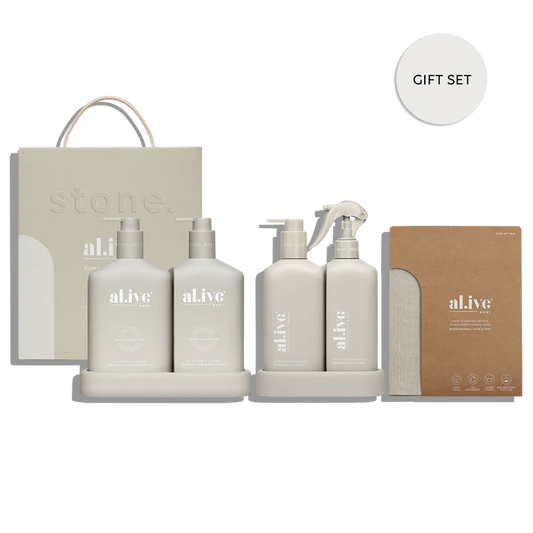 This gift set includes three incredible products: the Sea Cotton &amp; Coconut Wash &amp; Lotion Duo, Bench Spray &amp; Dishwashing Liquid Kitchen Duo, and the Biodegradable Dish Cloth Pack of 2.

Our hardworking Dishwashing Liquid and Bench Spray Duo uses naturally derived ingredients to dissolve even the toughest residues while being gentle on the skin. Featuring natural surfactants and fruit extracts, the formula dissolves dirt and grime for easy removal.
