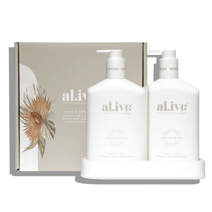 The al.ive body Mango & Lychee Hand & Body Wash/Lotion Duo contains a luxurious blend of naturally derived ingredients, fortified with essential oils and native botanical extracts.