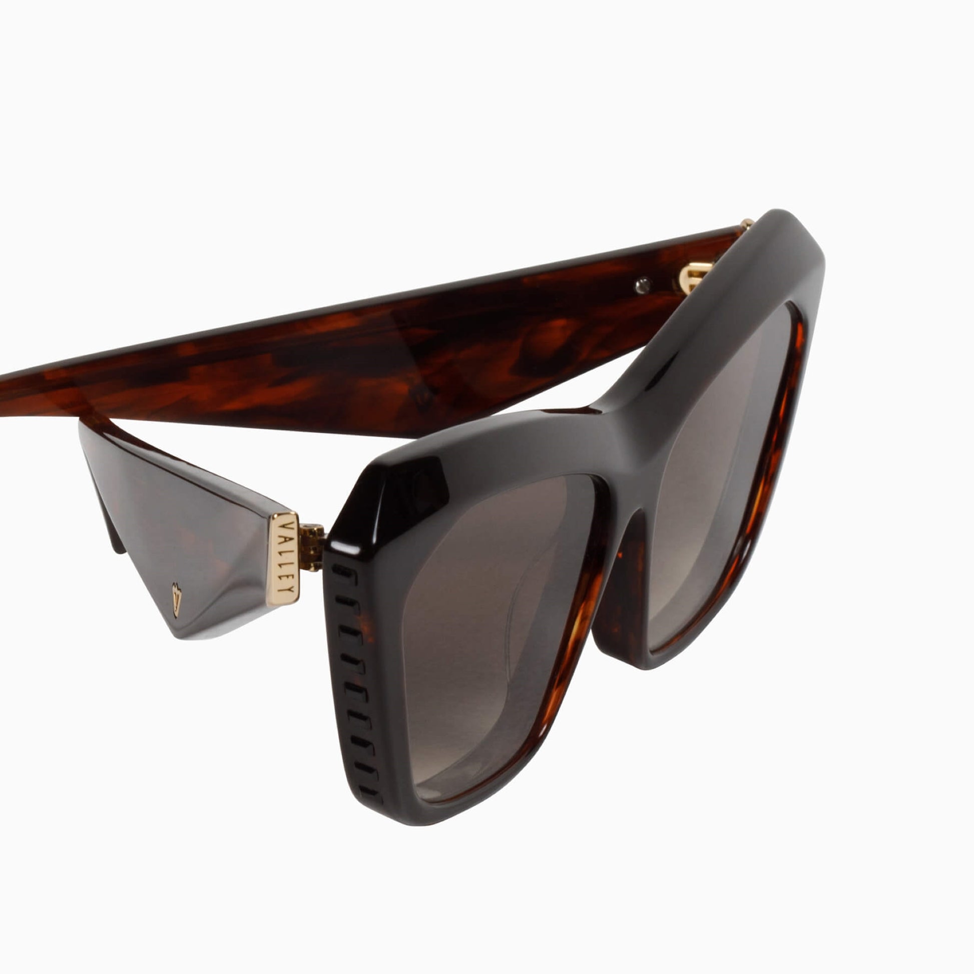 Valley Eye Wear Piaf - Tobacco Tort - Black Swarovski Crystals Gold Metal Trim Close up on Crystals