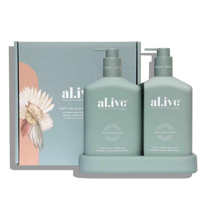 The al.ive body® Kaffir Lime & Green Tea Hand & Body Wash/Lotion Duo contains a luxurious blend of naturally derived ingredients, fortified with essential oils and native botanical extracts.
